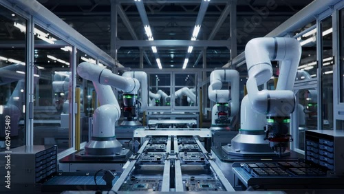 Automated PCB Assembly Line. Conveyor with Advanced High Precision Robot Arms at Electronics Manufacturing Factory. Component Installation on Circuit Board. Semiconductor Production Industry