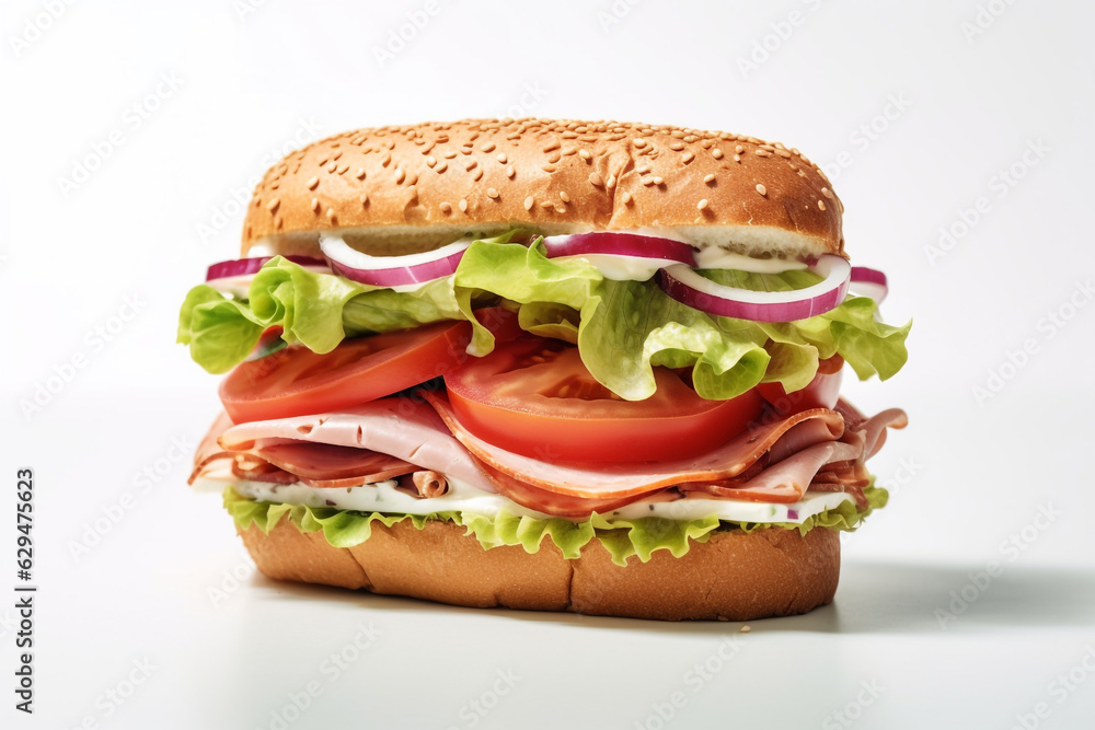 Sandwich with ham, cheese,tomatoes, lettuce, cucumbers and onions on white background Sandwich with ham, cheese,tomatoes, lettuce, cucumbers and onions on white background