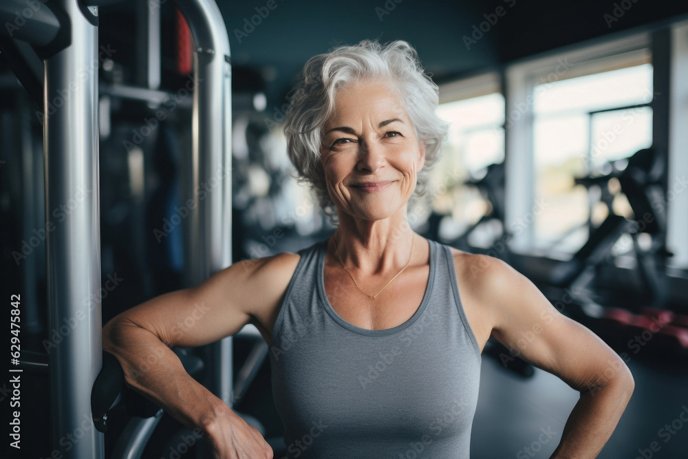 Obraz premium The joy of living. Portrait of an elderly smiling woman at the gym. Fictional Person. Ai generated