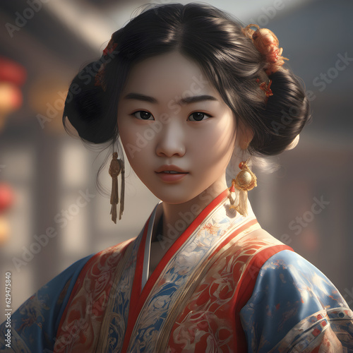 This AI-generated image showcases the stunning beauty of an Asian woman adorned in her traditional dress. The intricate details of the dress accentuate her graceful silhouette, while vibrant hues and 
