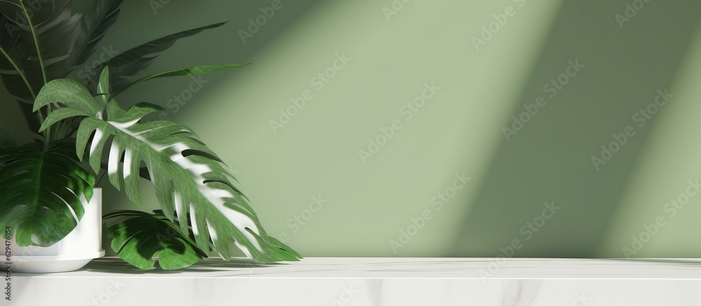 Minimalist White Table with Lush Green Plant, Natural Background with Copy Space, Generative AI Minimalist White Table with Lush Green Plant, Natural Background with Copy Space, Generative AI
