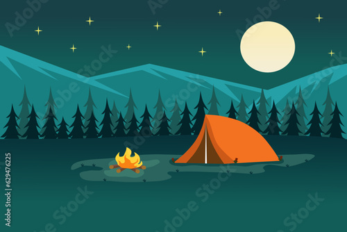 Night camp in forest with tent and bonfire. Mountains and full moon in background. Vector illustration.