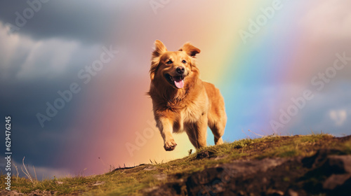 Dog running under a rainbow.