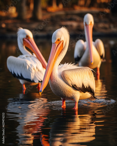 Pellicans standing in shallow water. © TimeaPeter