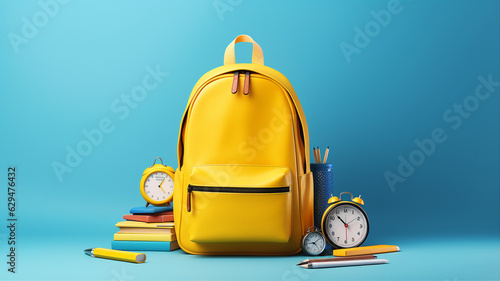 Back to school concept. Yellow backpack with books and school equipment on blue background. Generative AI