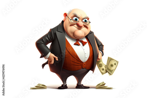 Old scrooge man in business suit standing with money. Funny greedy avid stingy senior cartoon character photo