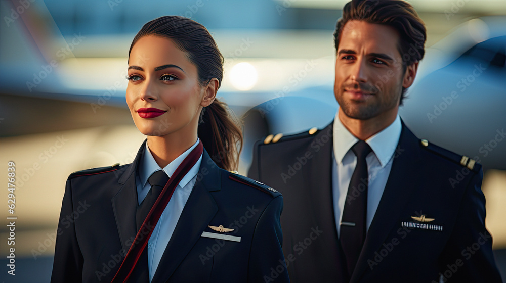 Fototapeta premium Pilot and Stewardess Walking to the Plane at the Airport