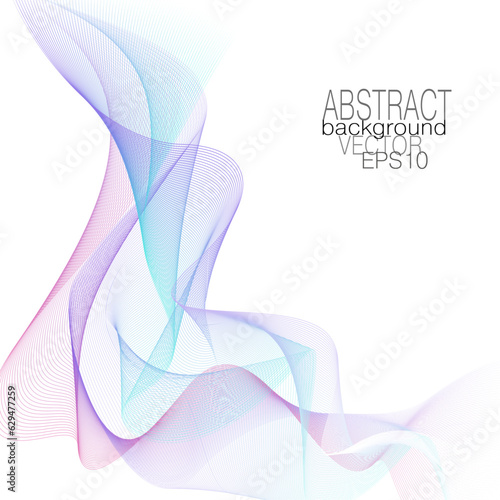 Purple, blue, teal flying transparent veil. Squiggle multicolored subtle curves. Line art pattern. Vector abstract net design. Dynamic shape. Creative wave, soft gradient. White background. Ai format