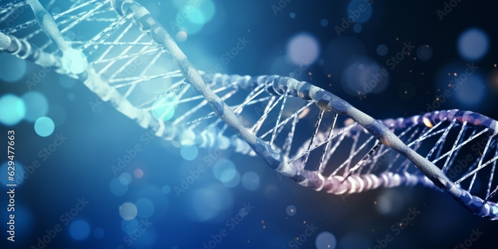 Blue DNA Strand on Abstract Background with Copy Space, Generative AI Blue DNA Strand on Abstract Background with Copy Space, Generative AI
