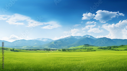 Nature landscape with green meadows, blue sky with clouds and mountains in the background. Generative AI © Sewupari Studio
