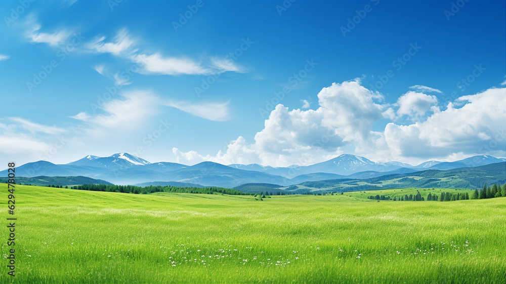 Nature landscape with green meadows, blue sky with clouds and mountains in the background. Generative AI
