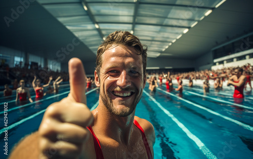 Young man athlete rejoices with thumb up after winning the competition at the pool
