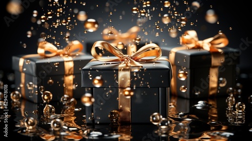 Black stylish minimalistic gift boxes decorated with golden bows