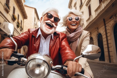 Elderly Couple Embracing Adventure: Riding into the Sunset on a Vintage Motorcycle, Generative AI