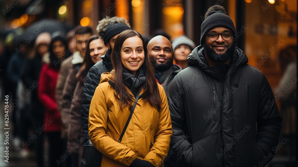 Naklejka premium Happy People group queue up waiting for stores to open for shopping on Black Friday. Sale and discounts. Generative AI