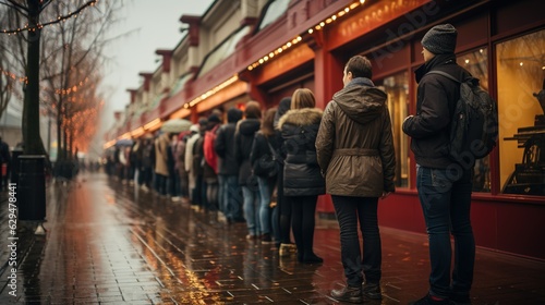 People queue up waiting for stores to open for shopping. Sale and discounts. Generative AI