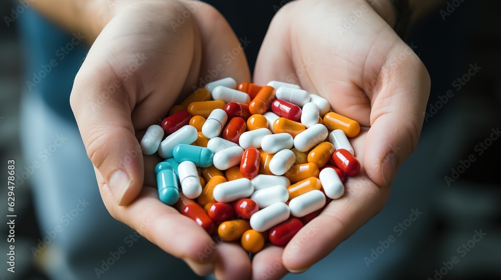 In the hands of a handful of pills from various diseases. Help with depression. Generative AI In the hands of a handful of pills from various diseases. Help with depression. Generative AI