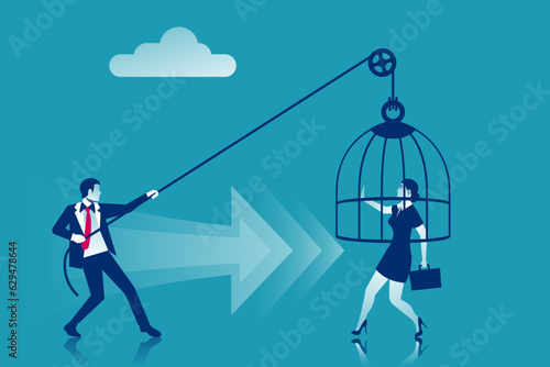 Trap concept. Business people metaphor. Vector illustration flat design. Isolated on white background. The businesswoman was caught in a rope loop. Woman in captivity.