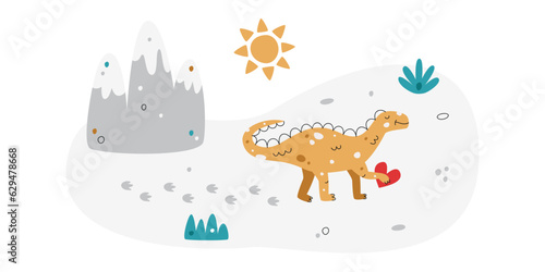 Flat hand drawn vector scene with dinosaur grass sun and mountains