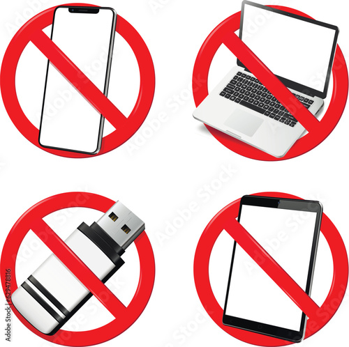 Not use digital devices. Set of prohibition sign. Forbidden signs isolated on white background.