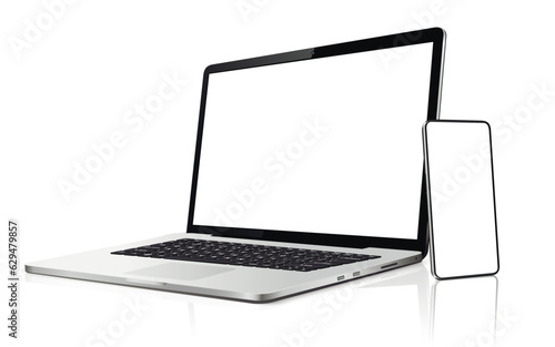 Laptop, tablet and mobile phone. Flat lay detailed and realistic devices mockup