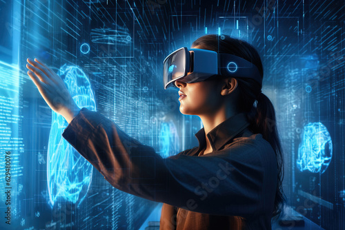 A woman scientist wearing VR goggles immersed in virtual reality interacting with an augmented reality multimedia screen. Concept of future AR technologies and mixed reality.
