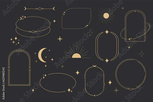 Set golden celestial frames, borders, arch line art esoteric minimal decoration with sparkles isolated on dark background. photo