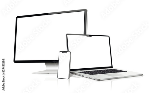 Realistic computer screen, laptop, phone. Flat lay detailed and realistic devices mockup