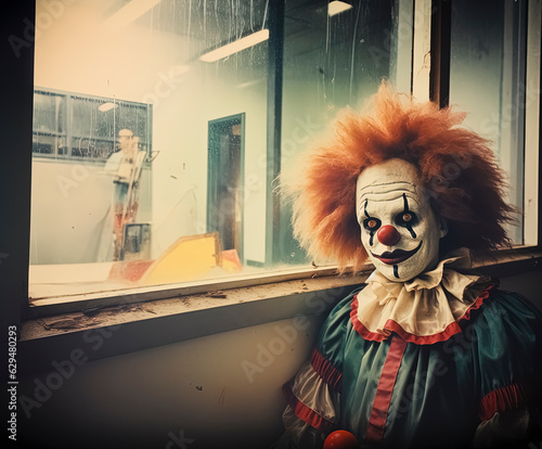 Creepy Clown Peering Through Haunted Hospital Room Window