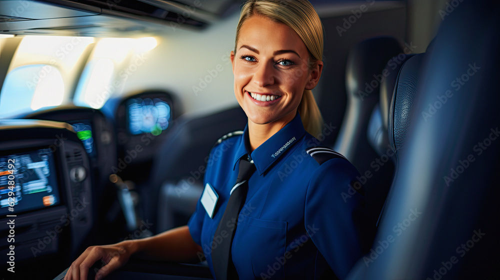 Close-up portrait capturing the warmth and professionalism of a uniformed flight attendant in the cabin of an aircraft Close-up portrait capturing the warmth and professionalism of a uniformed flight attendant in the cabin of an aircraft