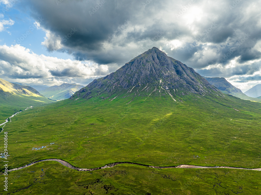 Rannoch Moor and Mountains around Buachaille Etive Mòr from a drone, River Coupall, Glen Etive and River Etive, Highlands, Scotland, UK