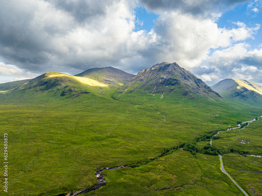 Rannoch Moor and Mountains around Buachaille Etive Mòr from a drone, River Coupall, Glen Etive and River Etive, Highlands, Scotland, UK