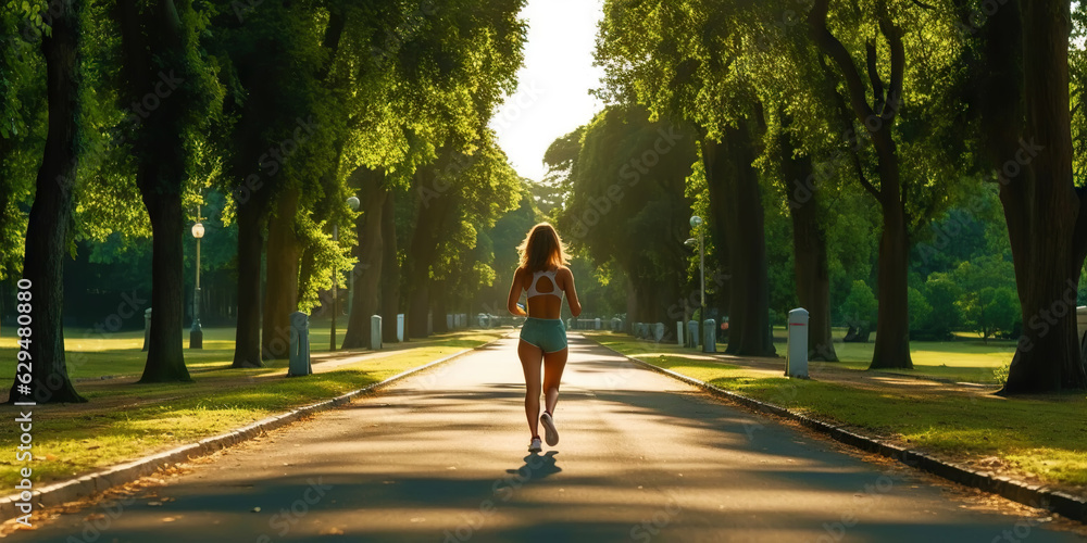 Woman running in park with green trees on beautiful summer day. Sport fitness concept. Generative AI
