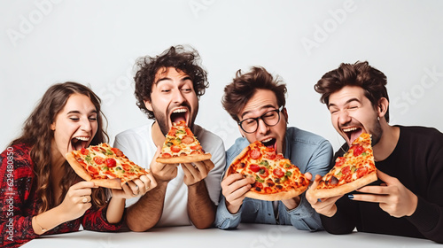 Group of people eating pizza. Happy mood    Generative AI