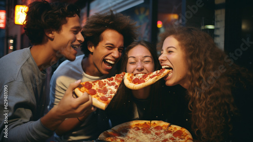 Group of people eating pizza. Happy moodGenerative AI