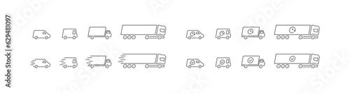 Van, car, truck fast delivery thin line icon set. Vector EPS 10