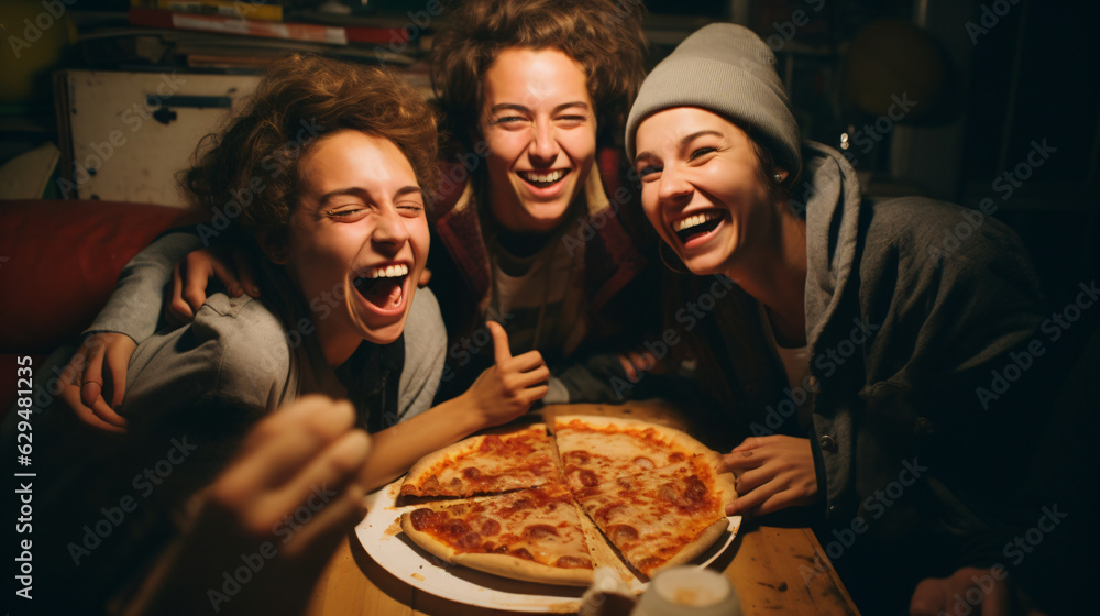Fototapeta premium Group of people eating pizza. Happy moodGenerative AI
