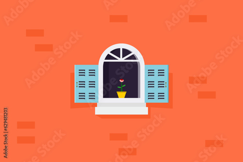 A opened classic arched window with flower on red brick wall. Cartoon vector illustration of apartment building facade.