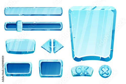 Set game menu assets ice buttons, interface elements 2d in cartoon style isolated. Blocks, shapes frozen gui panels, sliders, arrows.