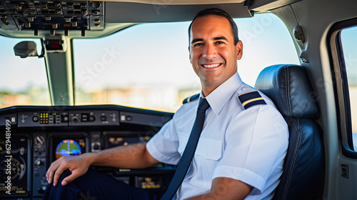 Male Pilot in Uniform with Arms Crossed and Smiling Inside the Airplane