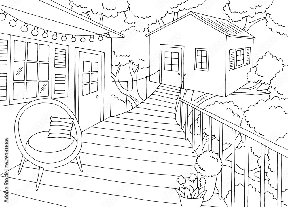 Fototapeta premium Tree house balcony graphic black white sketch illustration vector 