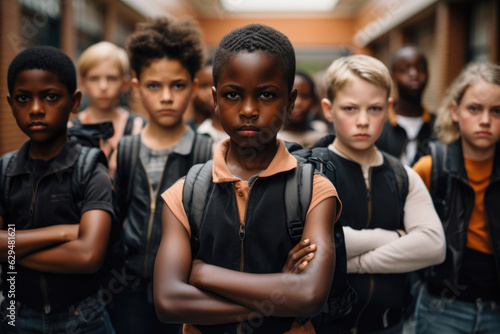African American young boy standing still in protest sign with his schoolmates. Racism at school concept image. Generative AI.