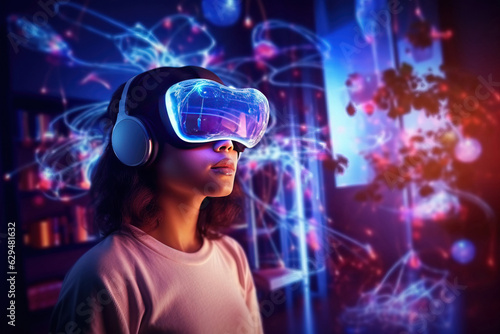 Portrait of young woman in her dark living room at night wearing a VR headset, exploring a glowing augmented reality world. Girl immersed in mixed reality simulation blends real and digital world.