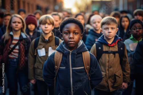 African American young boy standing still in protest sign with his schoolmates. Racism at school concept image. Generative AI. © JuanM