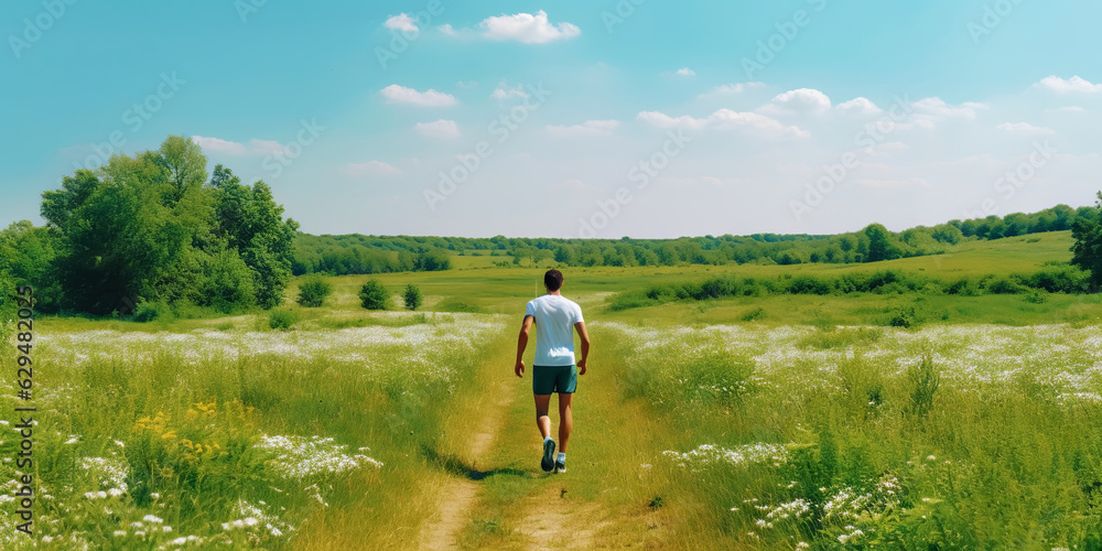 Man running on grass field. Male jogging workout concept. Generative AI Man running on grass field. Male jogging workout concept. Generative AI