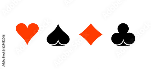 Poker playing cards suits symbols - spades hearts diamonds and clubs. Blackjack card icons isolated on white background. Playing card suit shape symbol pictogram for web design. Vector illustration.