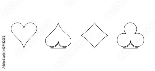 Poker playing cards suits symbols - spades hearts diamonds and clubs. Blackjack card icons isolated on white background. Playing card suit shape symbol pictogram for web design. Vector illustration.