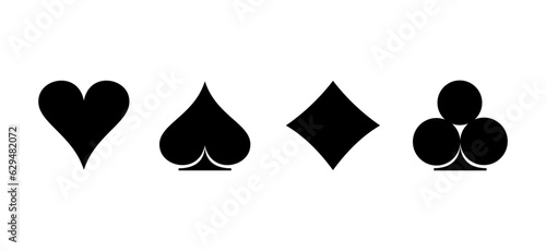Poker playing cards suits symbols - spades hearts diamonds and clubs. Blackjack card icons isolated on white background. Playing card suit shape symbol pictogram for web design. Vector illustration.