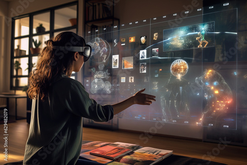 Woman in her living room wearing virtual reality headset, immersed in mixed reality, using augmented reality and gesturing for control and interact with the apps on multimedia screen projection. photo