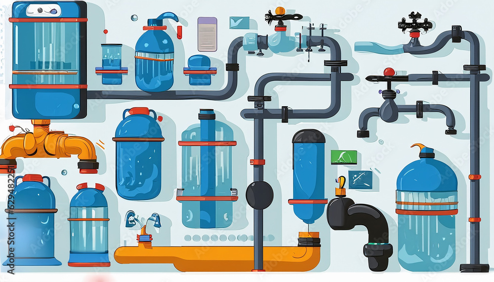 Water purification and delivery set vector illustration. Cartoon filtration facility Water purification and delivery set vector illustration. Cartoon filtration facility